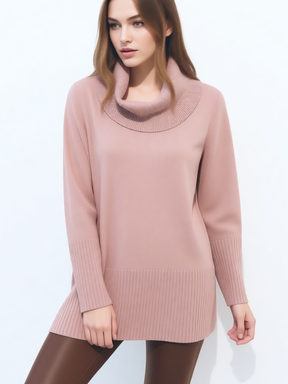 Cable & Gauge Dusty Rose Cowl Neck Tunic Sweater